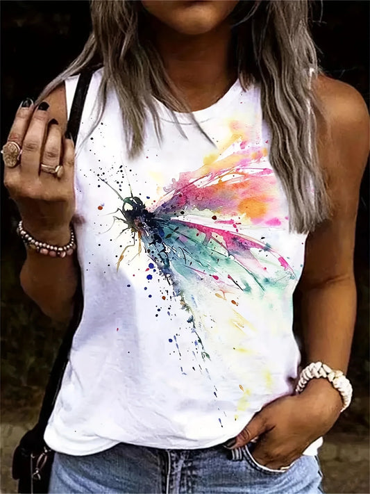 Camiseta regata feminina com estampa de libélula