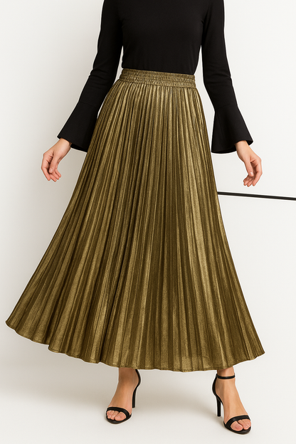 Saia Plissada Longa com Cintura Alta Feminina – Estilo Harajuku