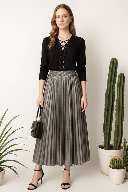 Saia Plissada Longa com Cintura Alta Feminina – Estilo Harajuku